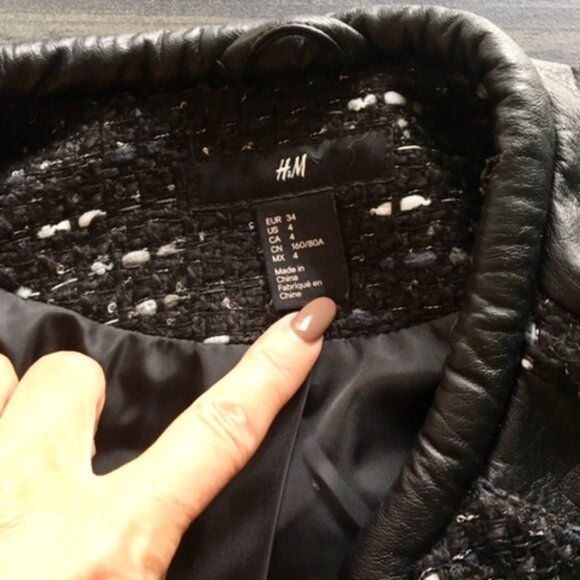 H&M Tweed with vegan leather trim and silver zippers cropped blazer size xs - Picture 9 of 13